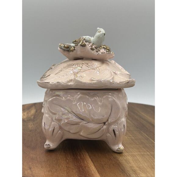 Vintage Ceramic Trinket Box Bird Lid Powder Pink Iridescent Glaze Lead Motif - Picture 4 of 13